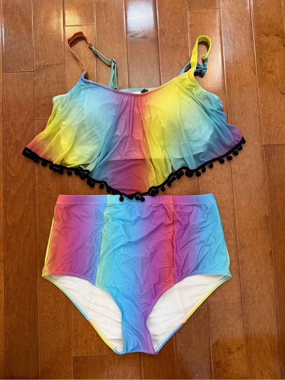 torrid Rainbow Ombre High-Waist Bikini Set with Black Pom Trim